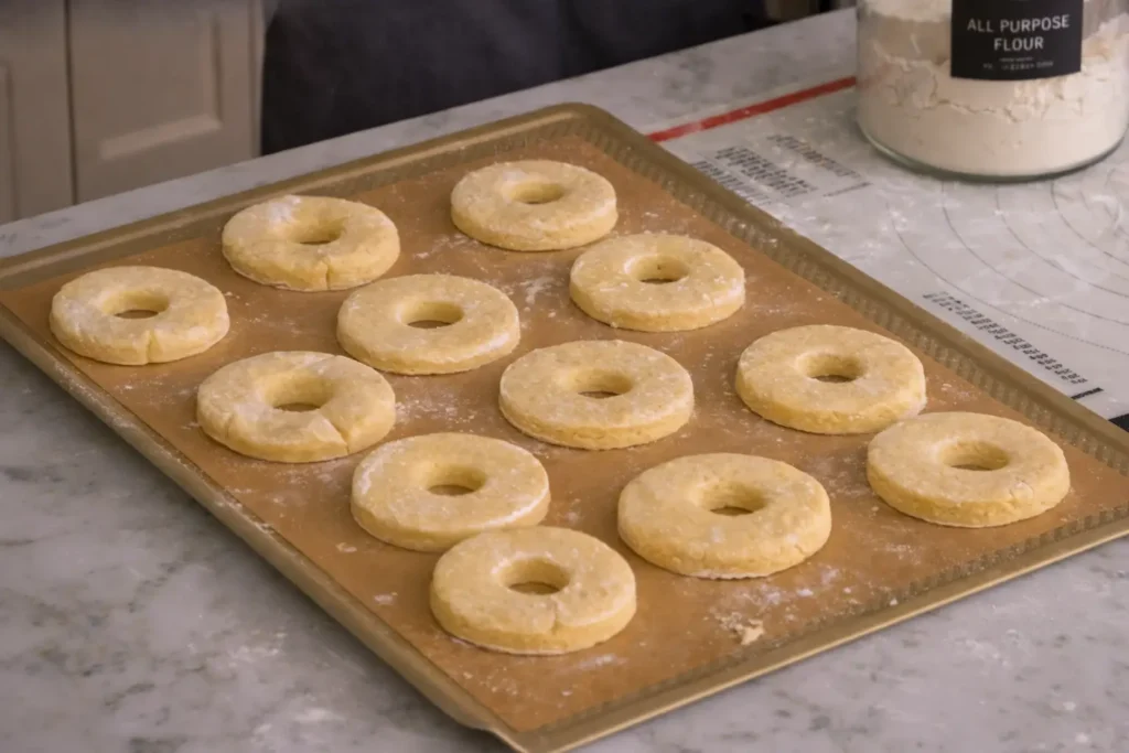 Donut dough rings placed on parchment paper