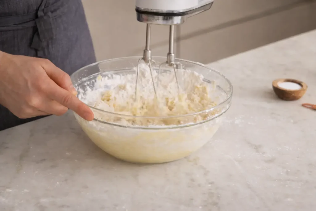 Mixing donut batter with a mixer in a bowl